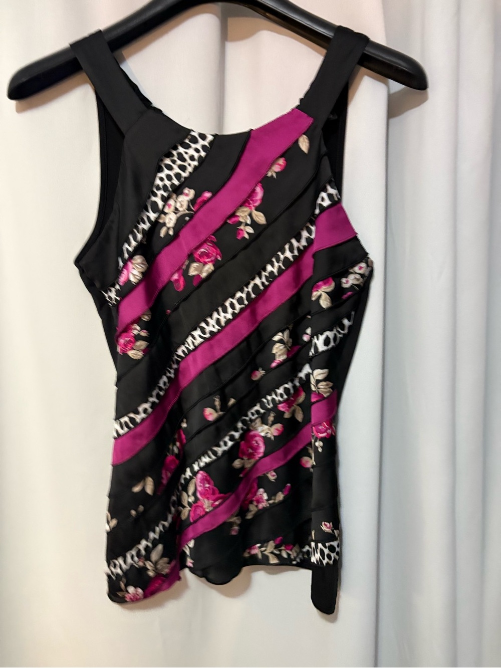 White House Black Market Black and Magenta Floral Diagonal Stripe Tank